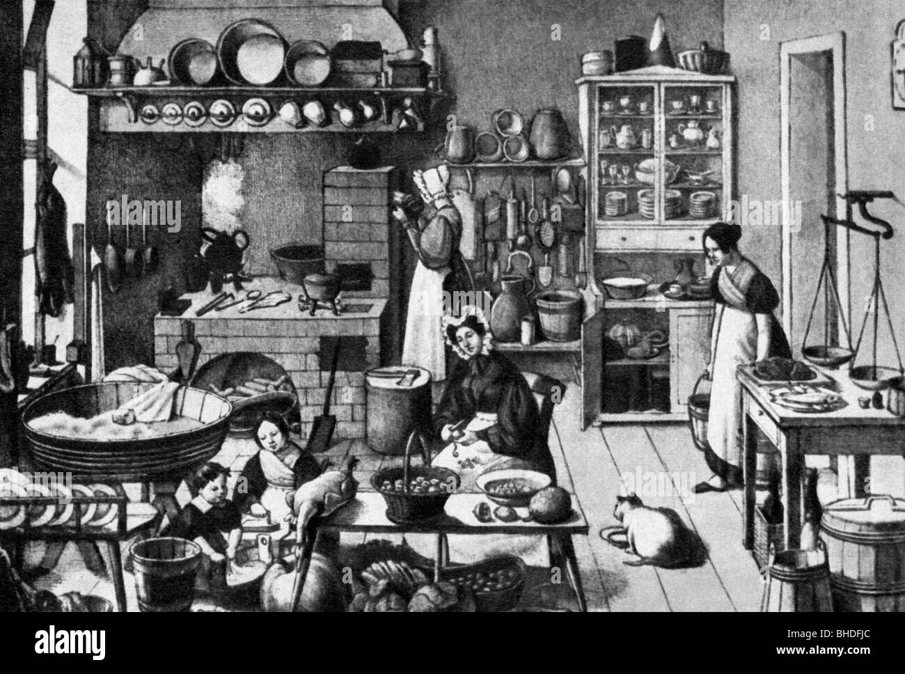 Casa, cucina e utensili da cucina, cucina in epoca di Berlino vecchia, Germania, dopo litografia contemporanea di O. Wilke, circa 1839, Foto Stock