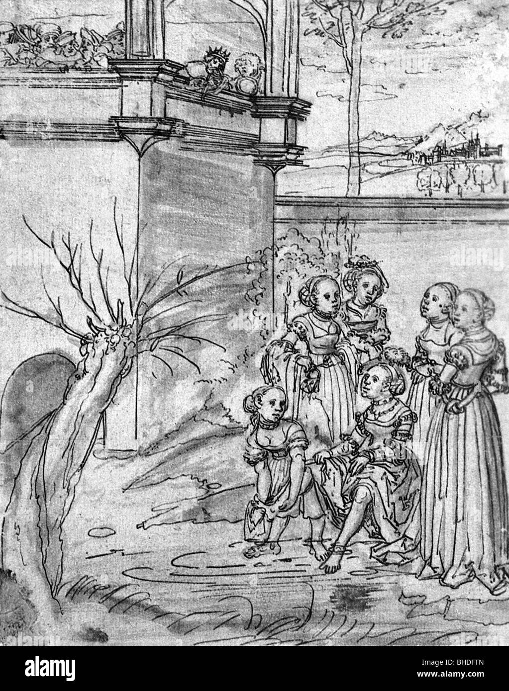 David, re dei Giudei, 1004 - 965 a.C., e Bathseba, lavarono il disegno di penna di Lucas Cranach il Vecchio, circa 1534; femmina, donna, donna, donna, Foto Stock David, re dei Giudei, 1004 - 965 a.C., e Bathseba, lavarono il disegno di penna di Lucas Cranach il Vecchio, circa 1534; femmina, donna, donna, donna, Foto Stock