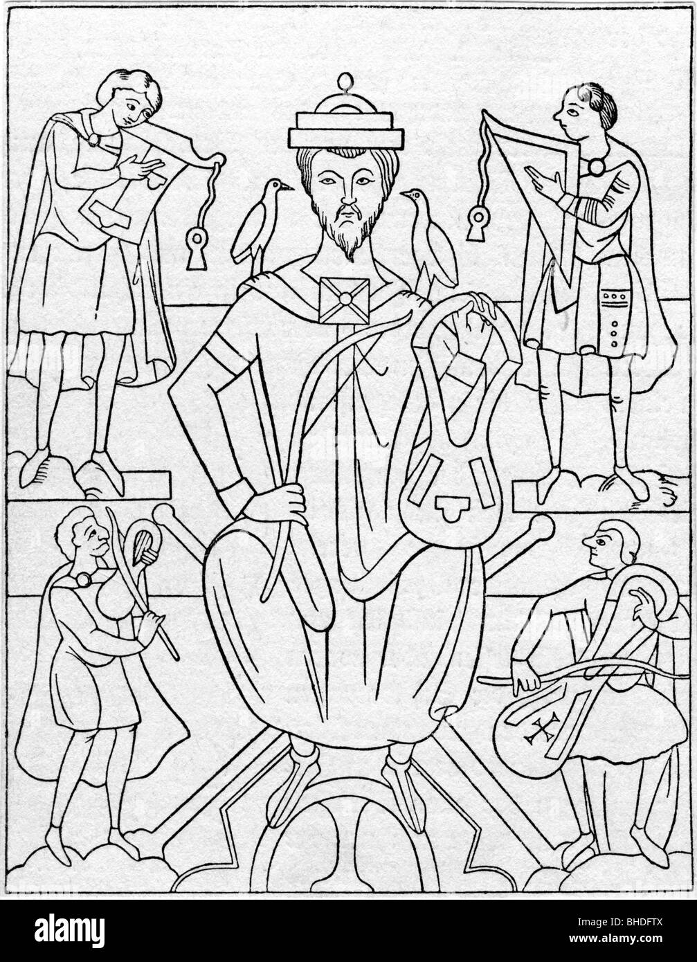David, re degli Ebrei, 1004 - 965 a.C., a tutta lunghezza, circondato da musicisti, che disegnano dopo la saleria di San Leopoldo, 12th secolo, biblioteca della diocesi di Klosterneuburg, Foto Stock