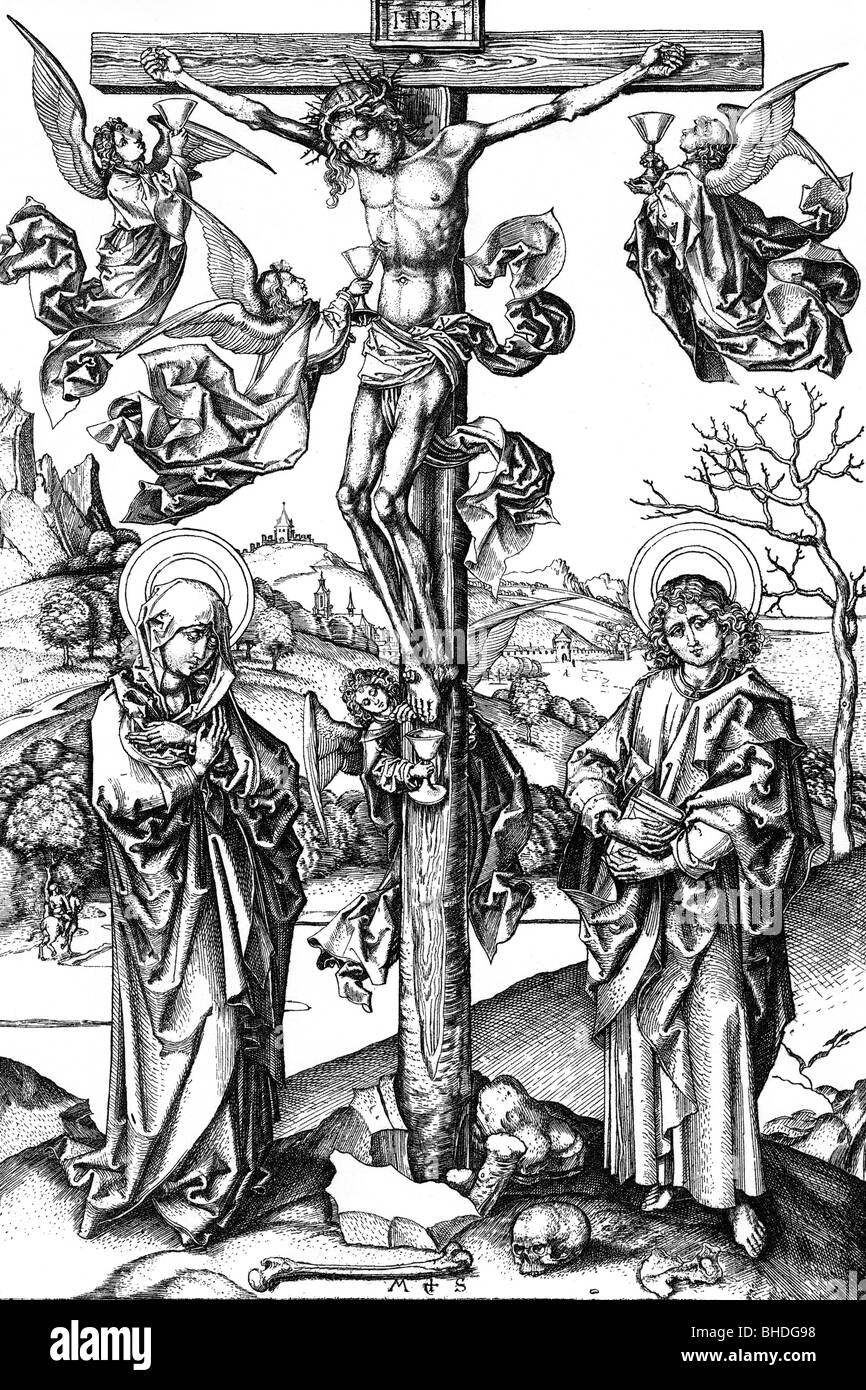 Religione, Cristianesimo, Gesù Cristo sulla croce, incisione in rame di Martin Schongauer, 15th secolo, storico, storico, INRI, san, santi, grafica, crocifissione, crocifissione, crocifissione, Santa Maria, Madonna, la Beata Vergine Maria, la Vergine Maria, La Beata Vergine Maria, San Giovanni, angelo, angeles, donna, donne, donna, uomo, uomini, uomini, persone, medioevo, Foto Stock