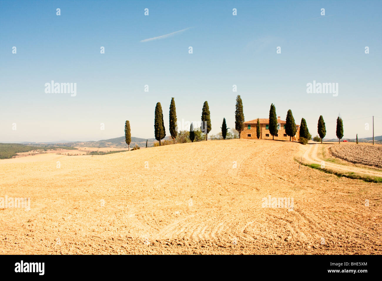 L'Italia, Toscana, pista sterrata che conduce alla casa colonica e cipressi Foto Stock