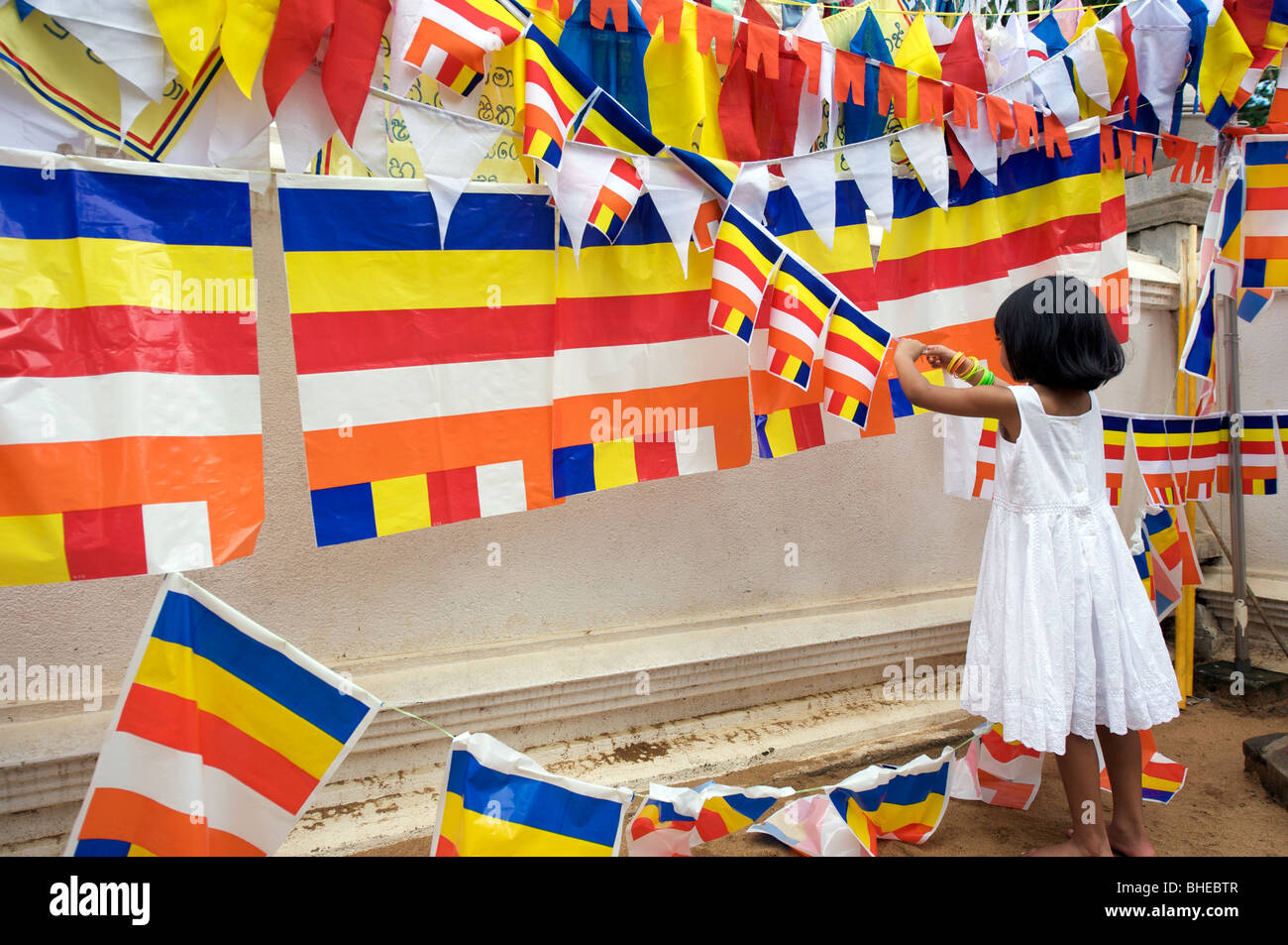 Una giovane ragazza appesa colorati Bandiere buddisti in Sri Maha Bodi ( un sacrat tempio buddista) Anuradhapura Sri Lanka Foto Stock