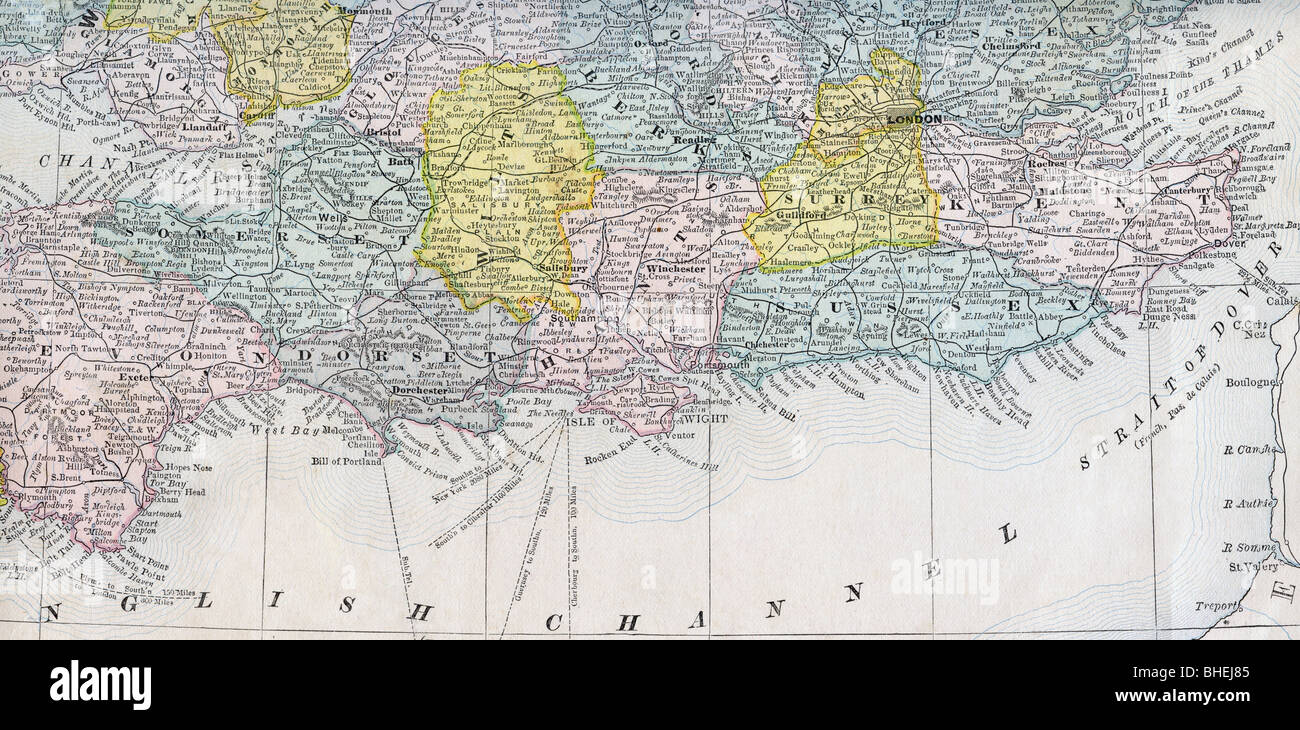 Mappa vecchia nell Inghilterra del sud dalla geografia originale textbook, 1884 Foto Stock