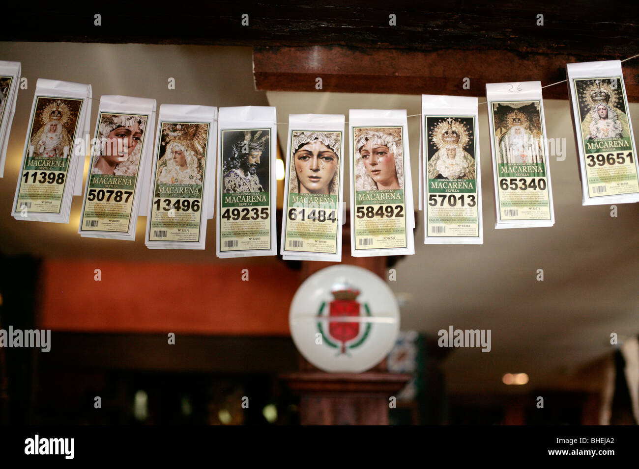 A tema religioso di biglietti della lotteria, Siviglia, Spagna Foto Stock