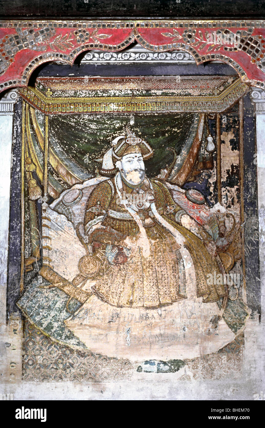 Shivaji II 1832-1855, l'ultimo dominatore di Thanjavur. Affresco in Maratti Darbar hall, Thanjavur Palace, a Thanjavur, Tamil Nadu. Foto Stock