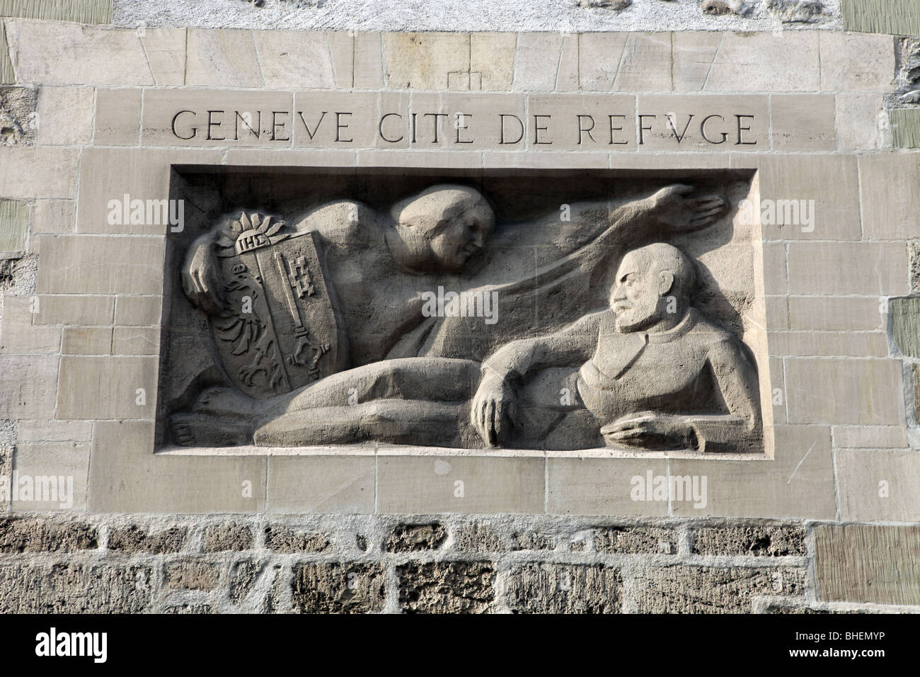 La scultura Geneve città di rifugio, Ginevra, Svizzera Foto Stock