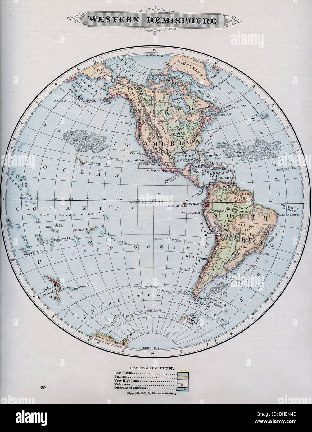 Mappa vecchia dell emisfero occidentale originali dalla geografia textbook, 1903 Foto Stock