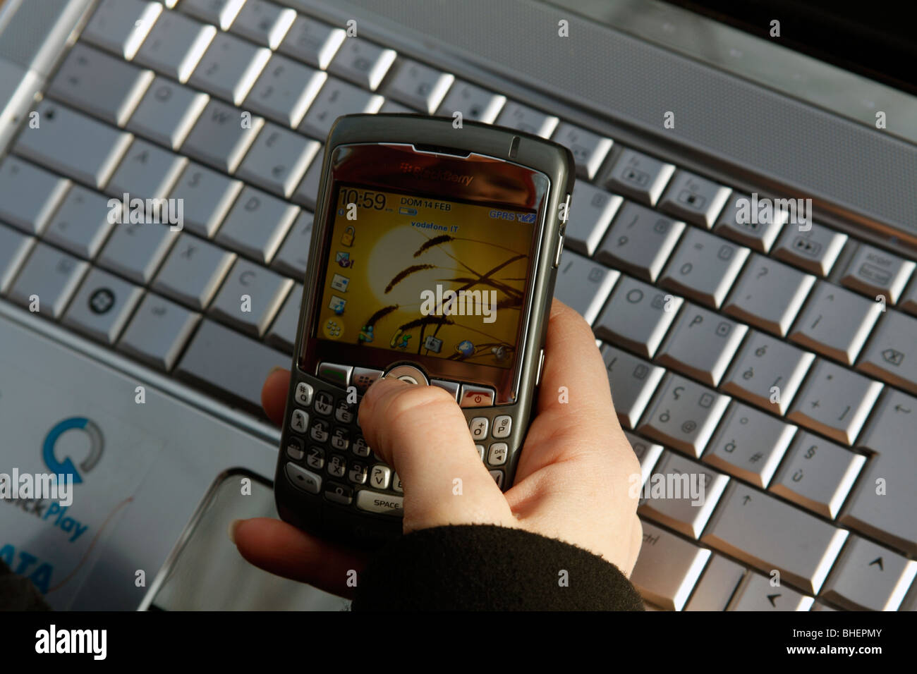 Donna mani palmtop su una tastiera del portatile. Foto Stock