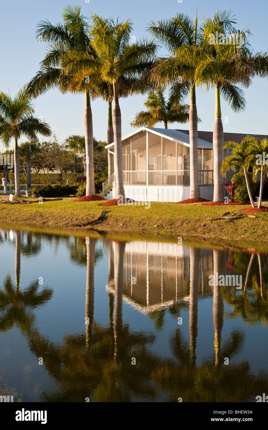 Vicolo di alligatore, FL - Nov 2008 - palme linea lago a RV lusso resort in Alligator Alley vicino a Napoli, Florida Foto Stock