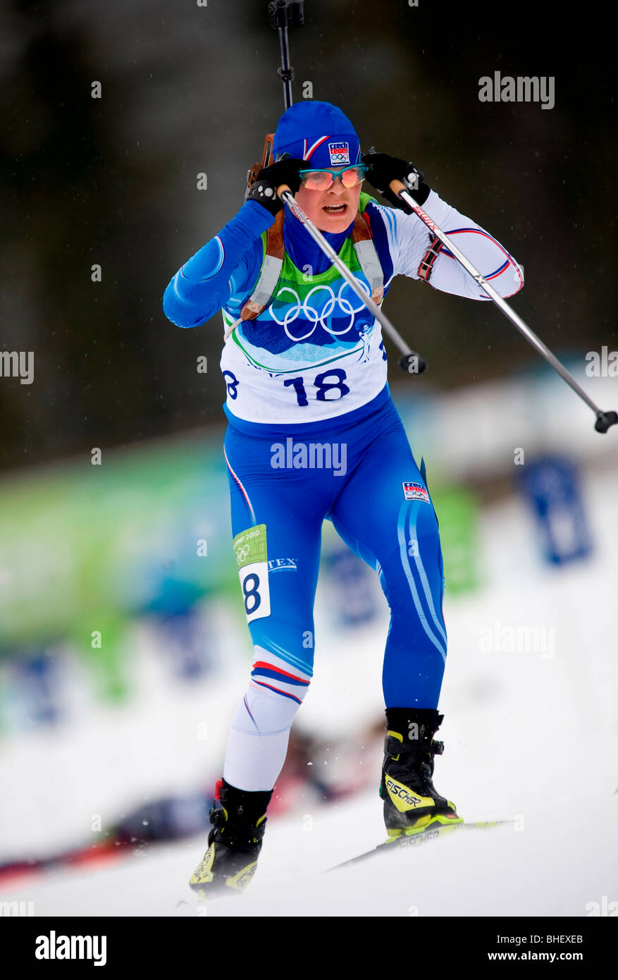 Magda Rezlerova di CZE durante il Biathlon femminile Sprint 7.5K durante le gare di Biathlon per donna 7.5K Sprint di Whistler Olympic Park Foto Stock