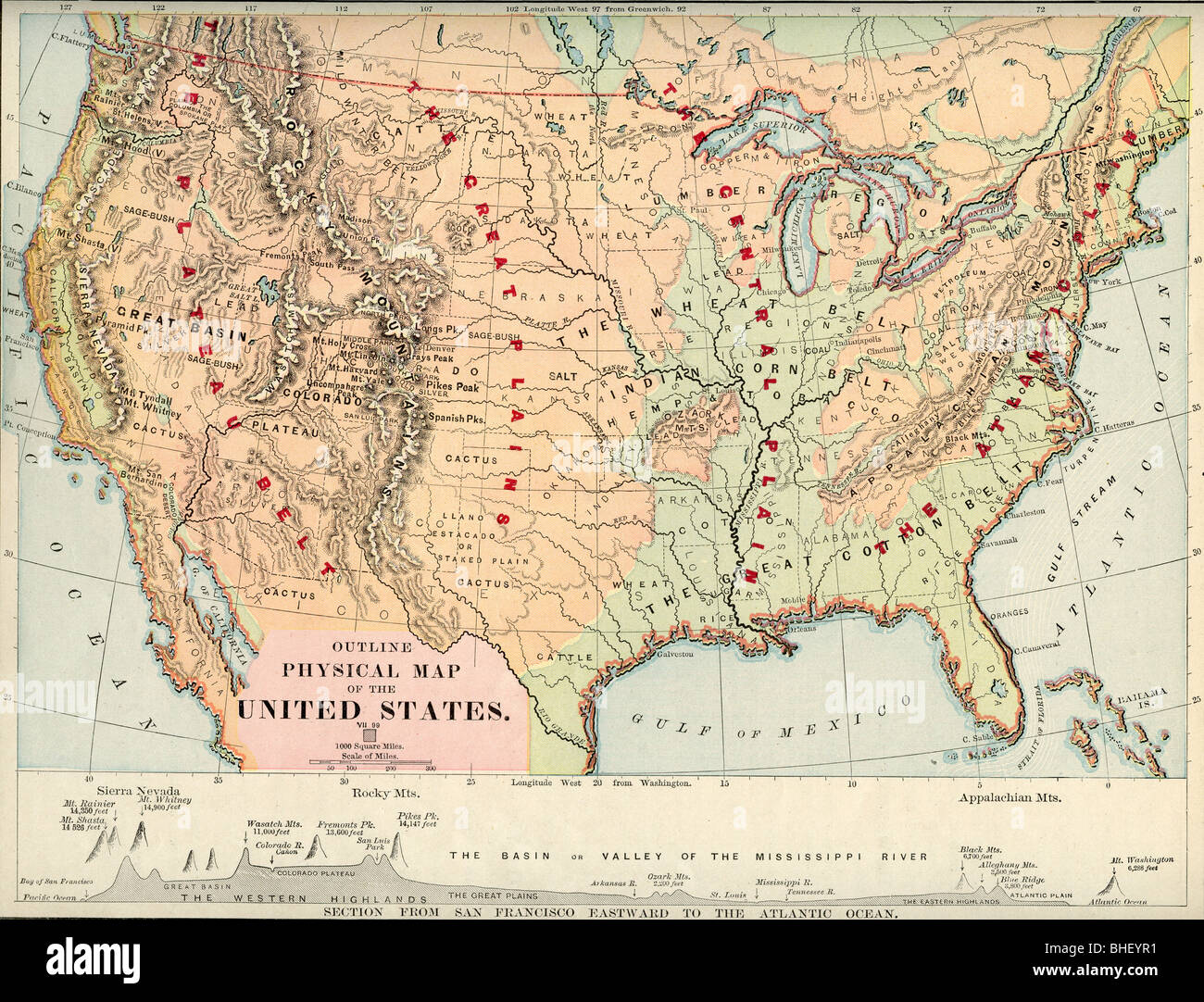 Vecchia cartina fisica degli stati uniti dalla geografia originale textbook, 1903 Foto Stock