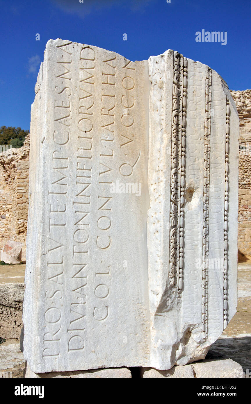 Fascio di marmo con iscrizioni, Thermes d' Antonin, Cartagine, Tunisi, Governatorato di Tunisi, Tunisia Foto Stock