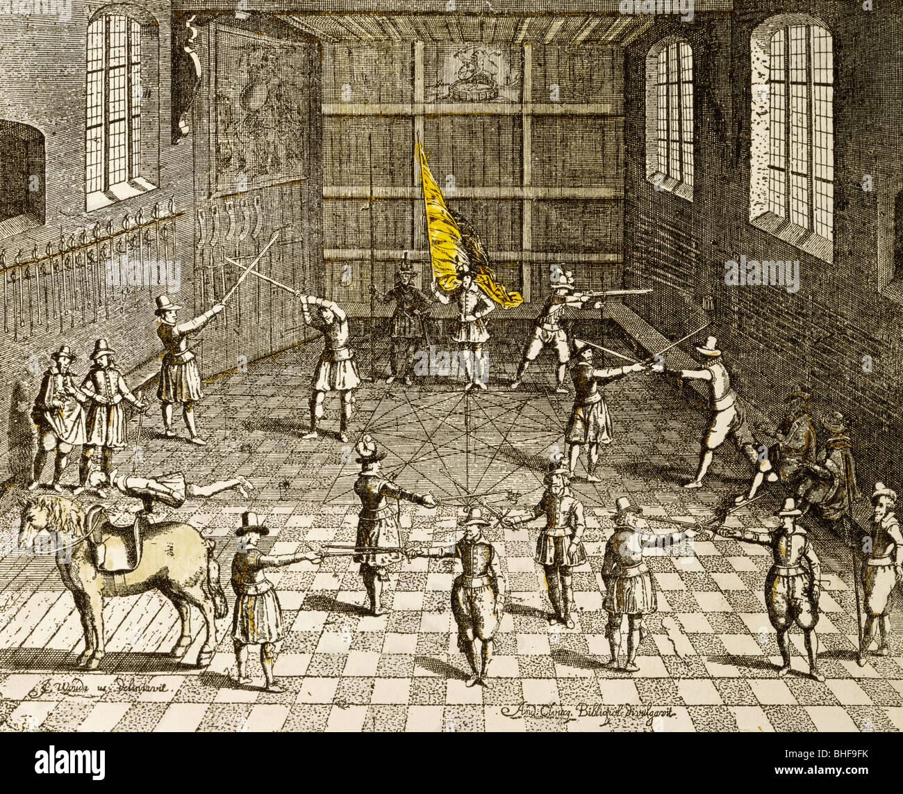 Istruzione, dell'Università di Leida, scherma hall degli studenti, vista interna, incisione su rame dopo Jan Cornelisz Woudanus, 1610, artista del diritto d'autore non deve essere cancellata Foto Stock