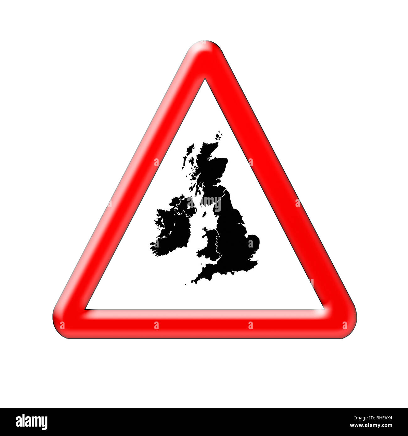 Cartello stradale, che illustra 'Avvertenza o Attenzione' UK. Rappresentazione grafica della paura di vivere in Gran Bretagna e il Regno Unito Foto Stock