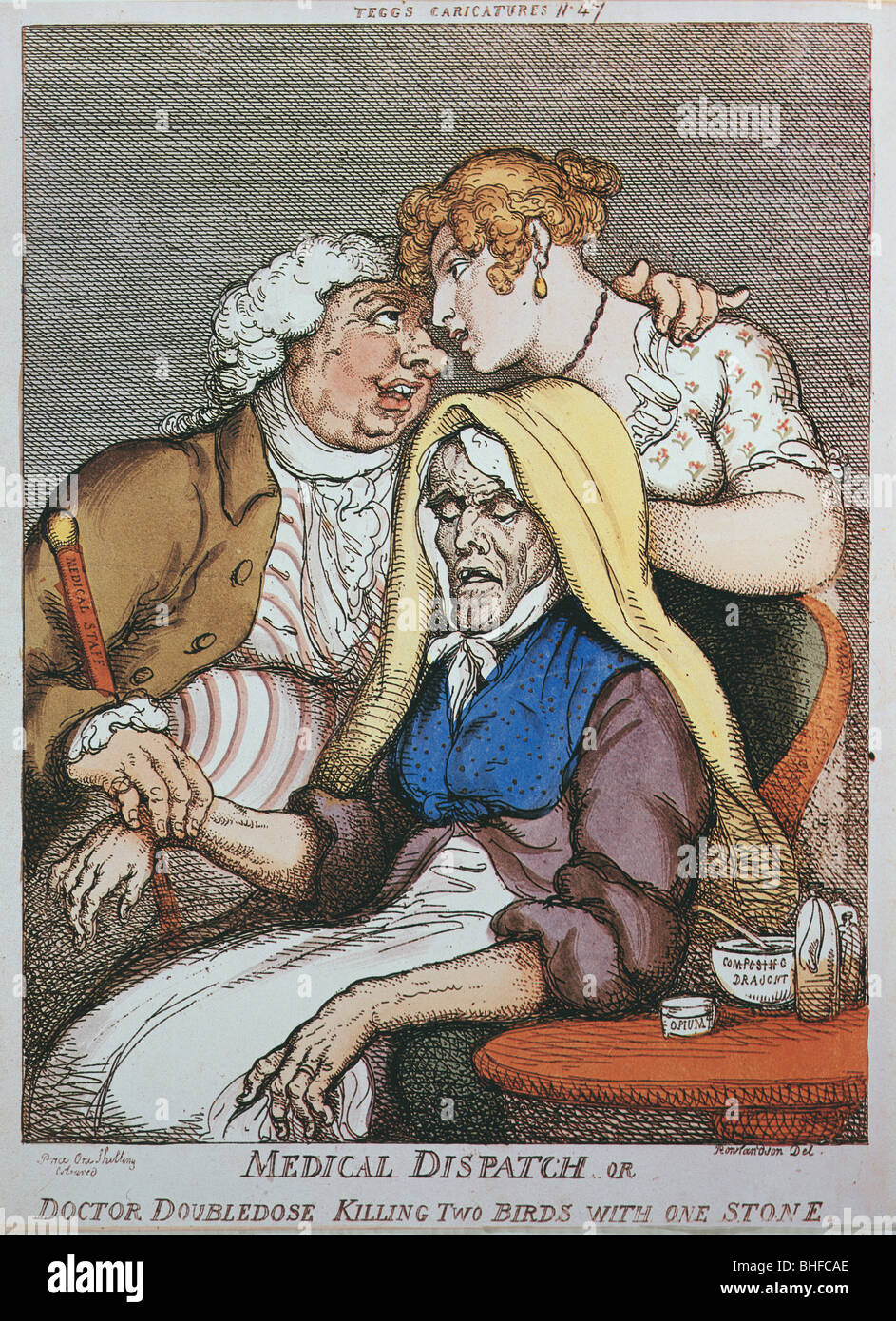 Medicina, caricatura, 'Dispatch medico o Dottore Doubledose uccidendo due uccelli con una pietra.', aquinta di Thomas Rowlandson, pubblicato da Th. Tegg, Londra, 1810, collezione privata, , Foto Stock