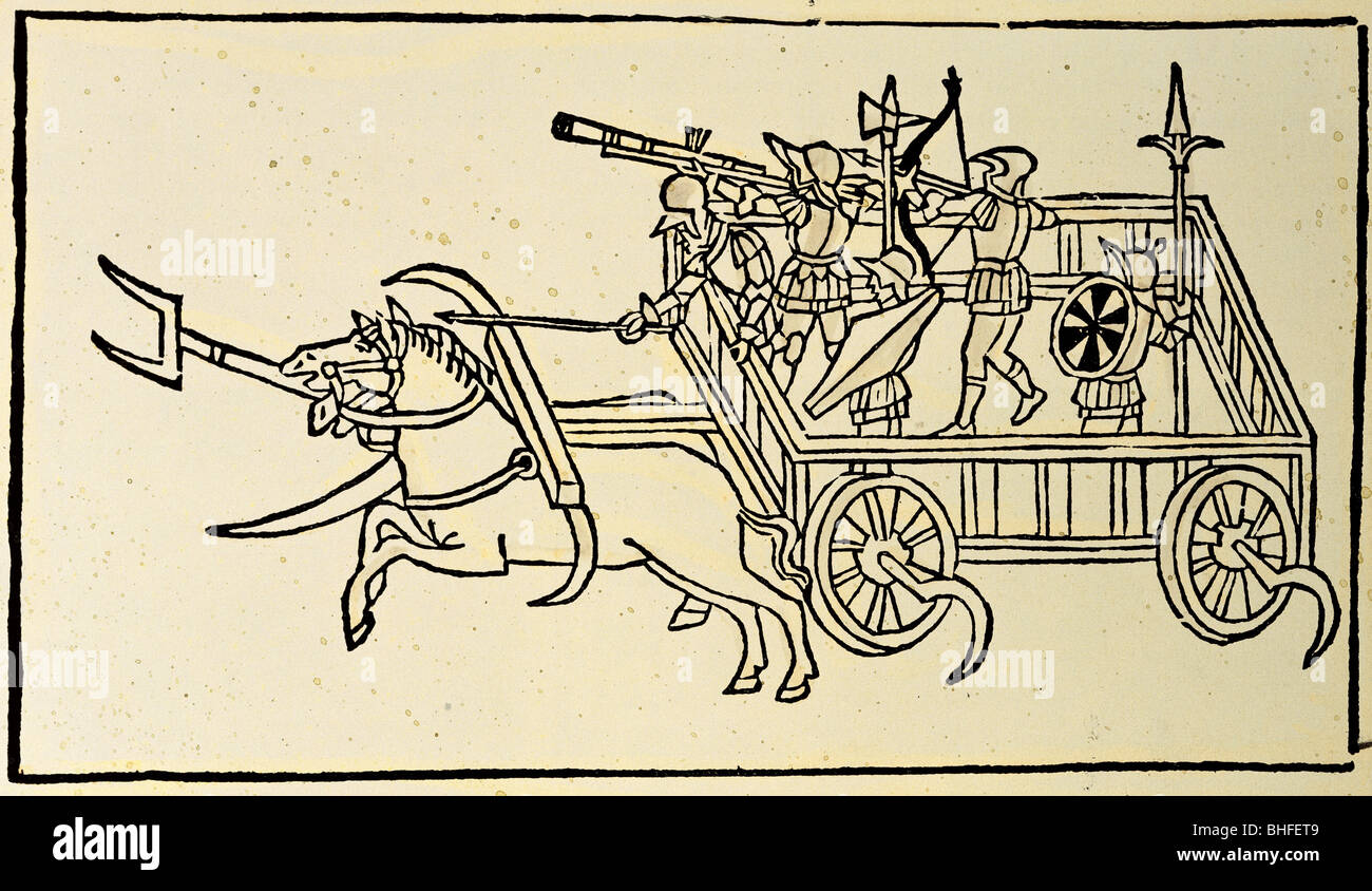 Militare, carro, legno colorato, 'de re miliari' di Roberto Valturio, Verona, 1483, collezione privata, , Foto Stock