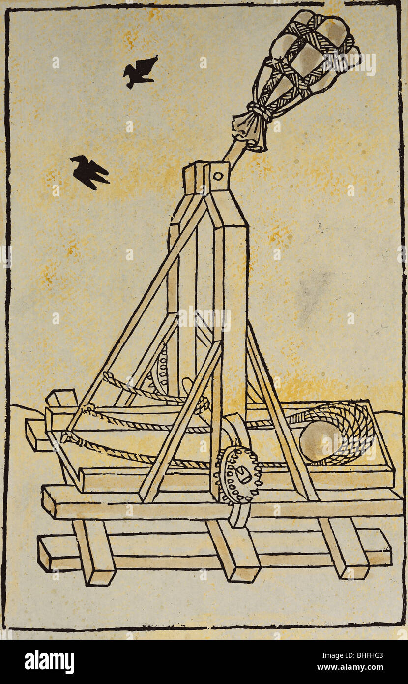 Militare, assedio, trebouchet, legno colorato, 'De re miliari' di Roberto Valturio, Verona, 1483, collezione privata, , Foto Stock