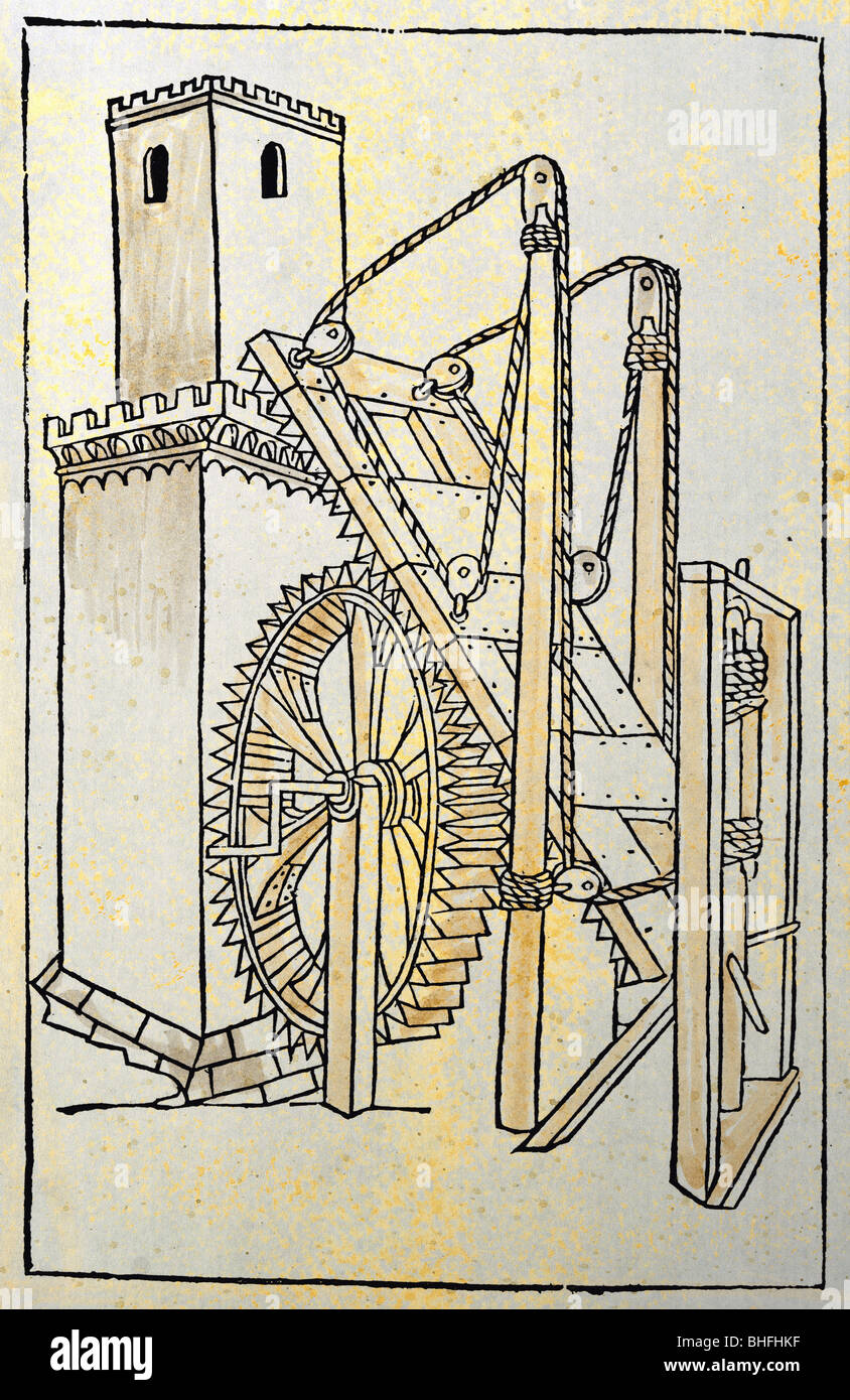 Militare, assedio, rampa a ruote, legno colorato, 'De re miliari' di Roberto Valturio, Verona, 1483, collezione privata, , Foto Stock