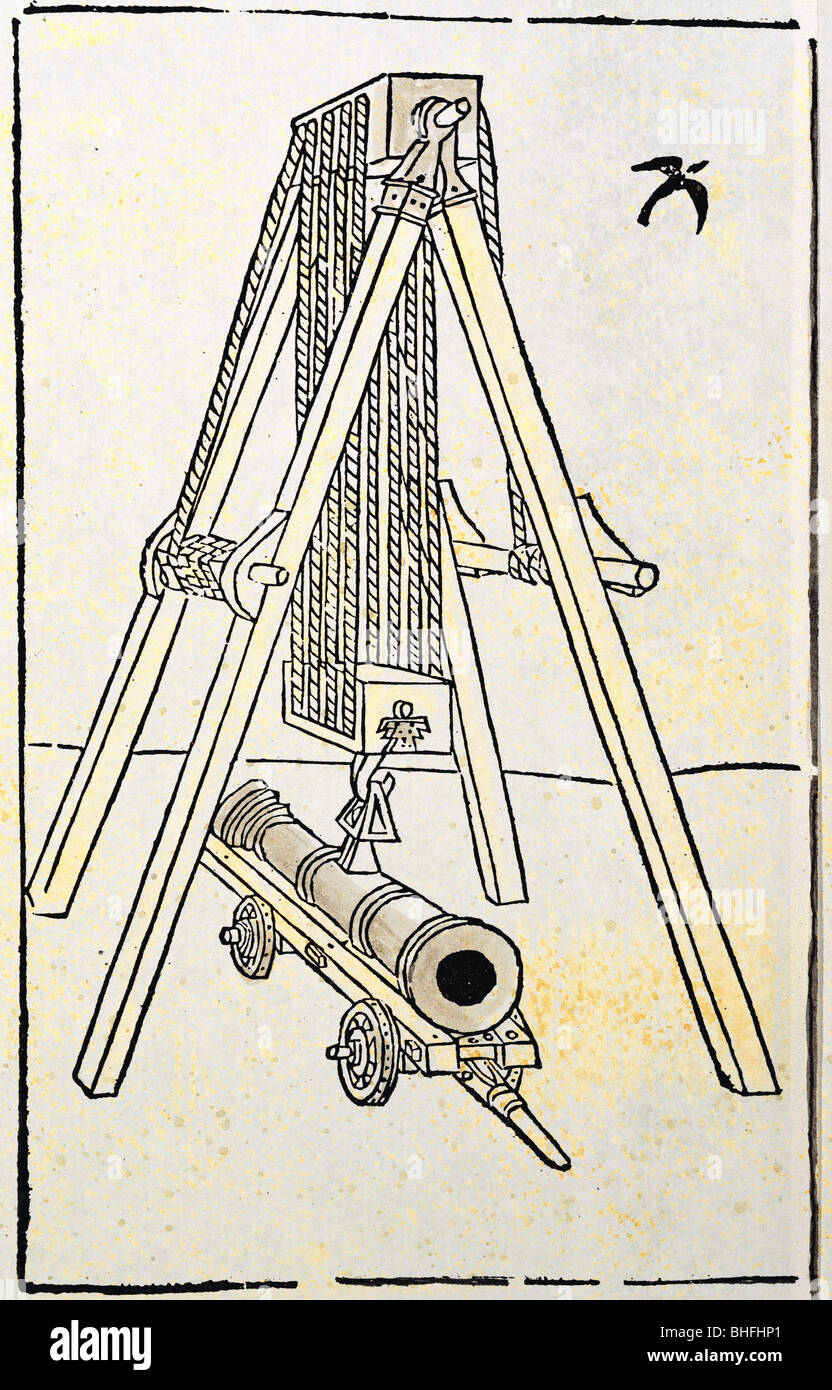 Technics, Machines, Tackle for gun barriques, colored woodcut, 'De re miliari' di Roberto Valturio, Verona, 1483, private collection, , Foto Stock