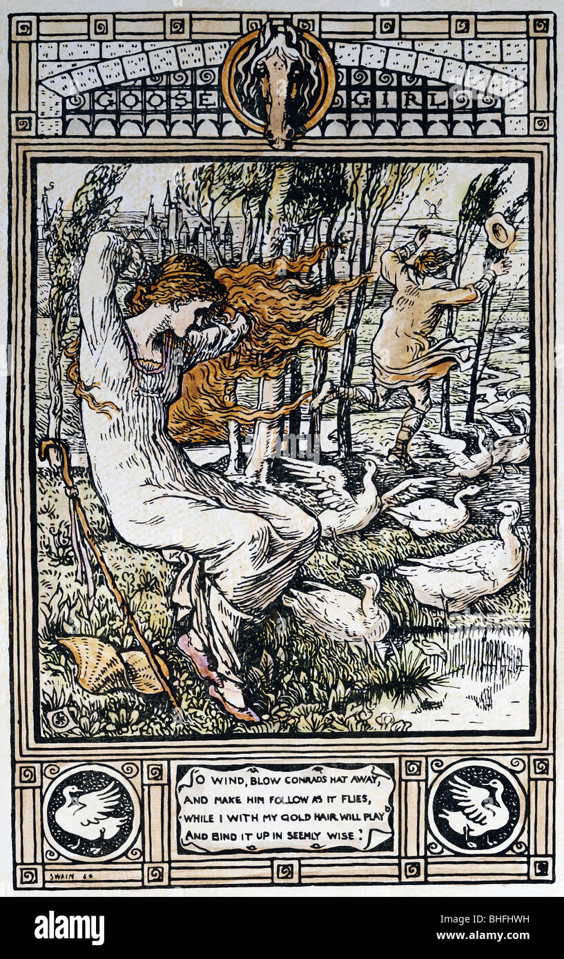 Letteratura, fiabe, Fratelli Grimm, 'la ragazza Goose', illustrazione di Walter Crane, Inghilterra, circa 1880, Foto Stock