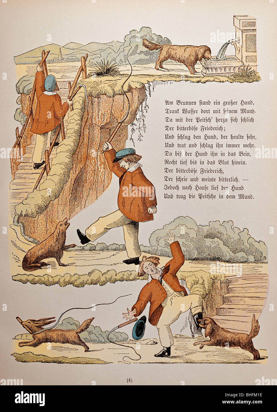 Letteratura, 'Dr Struwwelpeter', 'Dies Geschichte vom bösen Friedrich' (la storia di Cruel Frederick), illustrazione di Heinrich Hoffmann, edizione anniversario, Monaco di Baviera, 1876, Foto Stock