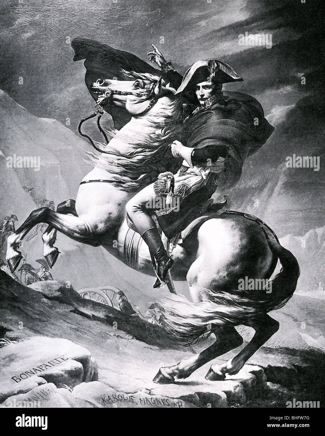 Napoleone Bonaparte - francese leader militare (1769-1821) Incisione del 1800 dipinto 'Napoleone attraversamento delle Alpi" di David Foto Stock