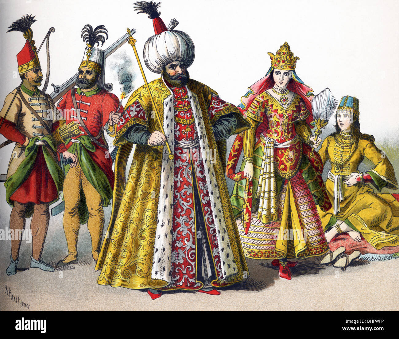 Questi Impero ottomano figure nel 1500 rappresentano una guardia, un Janizary (Janissary), un Sultano, uva sultanina, e una donna di rango. Foto Stock