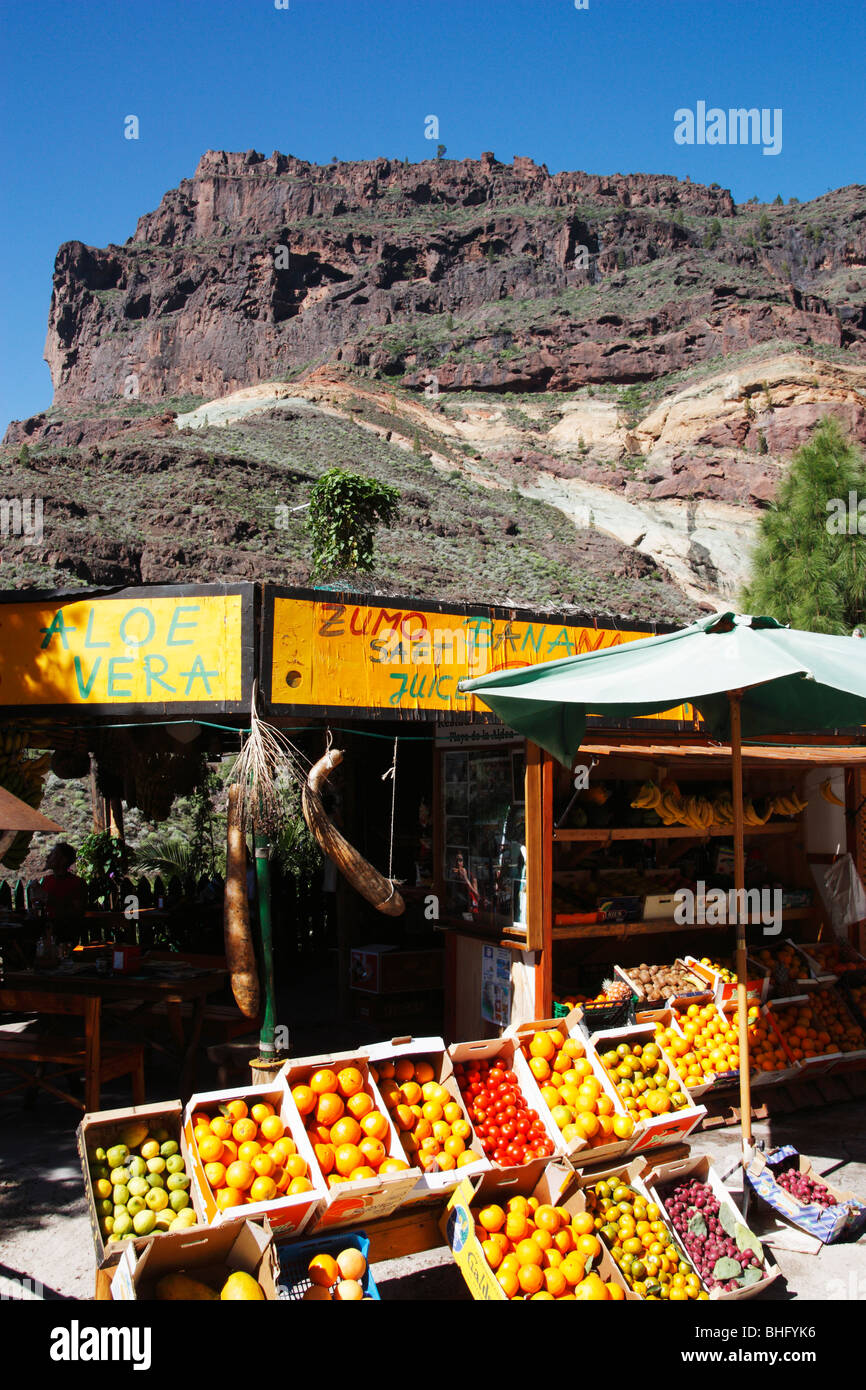 Il bar a bordo strada vendono frutta fresca e succhi di frutta vicino colorate formazioni di roccia chiamata los Azulejos su Gran Canaria Foto Stock