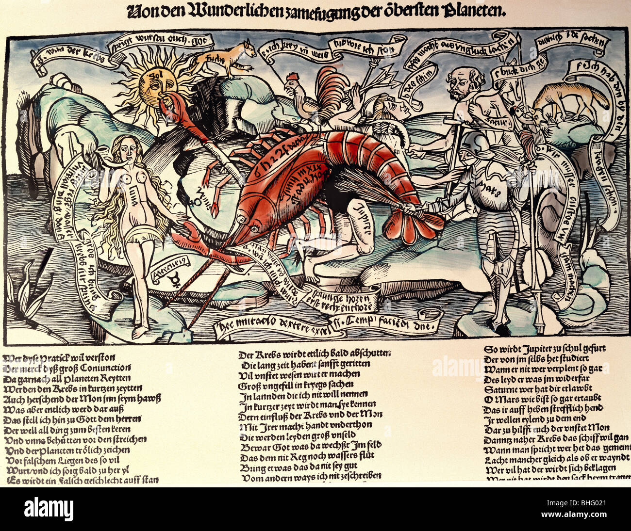 Calendario, 'Von der wunderlichen Zusammenfugung der obersten Planeten' (la costellazione meravigliosa dei pianeti superiori), foglio di calendario per il mese di gennaio 1504, da von Sebastian, Foto Stock