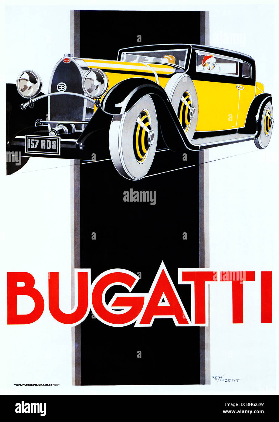 Bugatti, 1930 superba francese Art Deco poster da rene Vincent per il classico italiano auto berlina Foto Stock