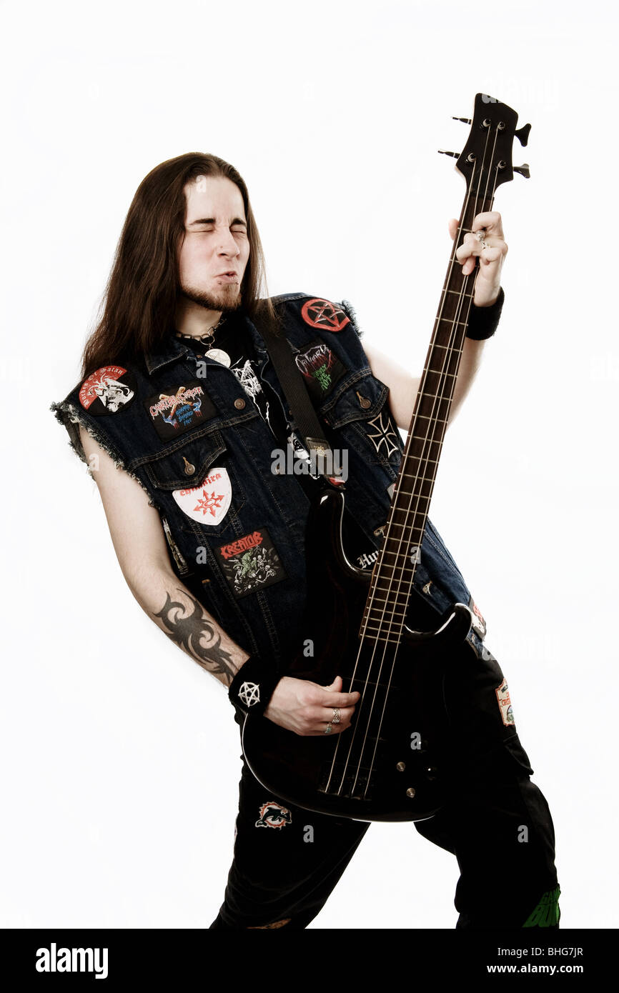 Metallo pesante bass player Foto Stock