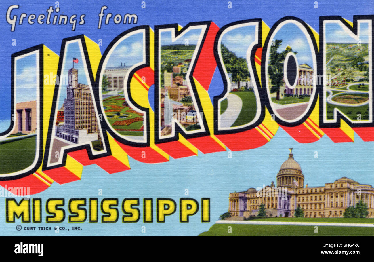 "Saluti da Jackson, in Mississippi,", cartolina, 1955. Artista: sconosciuto Foto Stock