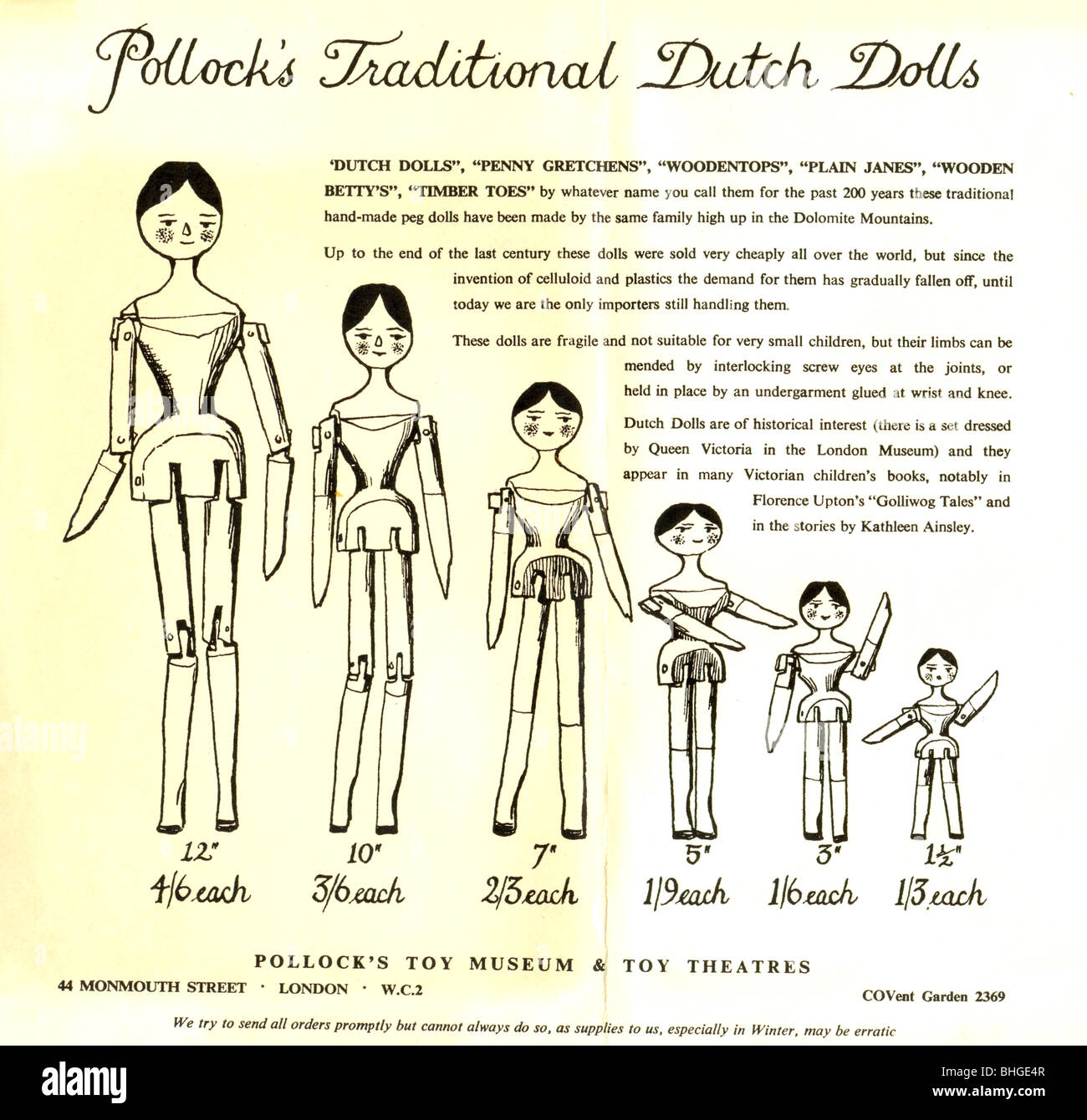 Opuscolo che mostra le diverse misure delle bambole tradizionali olandesi di Pollock Foto Stock