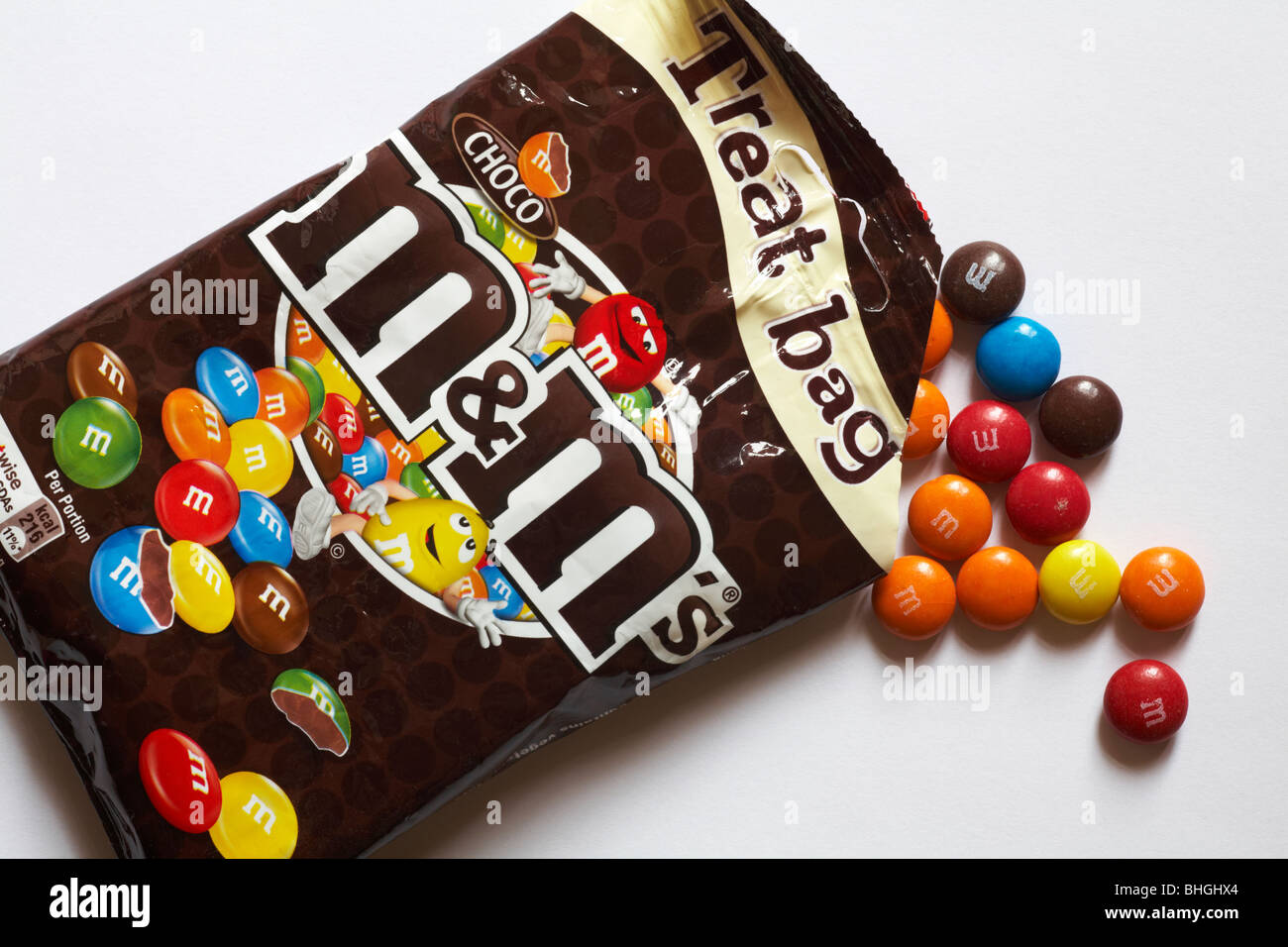 Le dimensioni della sacca dei dolci Choco M&M si aprono con il contenuto del set versato su sfondo bianco Choco M&MS Foto Stock