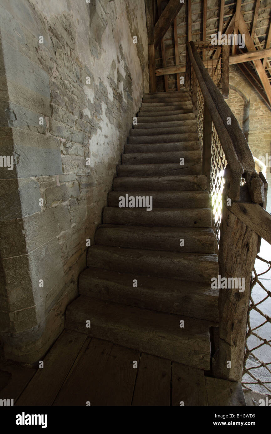 Questo ben indossati e piuttosto scoscesa scalinata conduce presso la grande sala per i quarti viventi a Stokesay Castle,Shropshire. Foto Stock