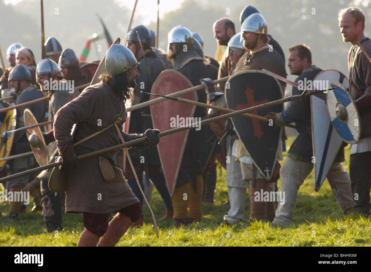 Battaglia hastings rievocazione scudo lancia pike L Foto Stock