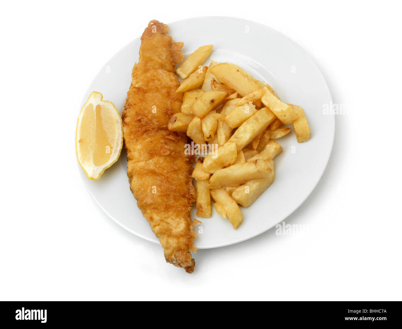 Un piatto di pesce e patatine fritte Foto Stock