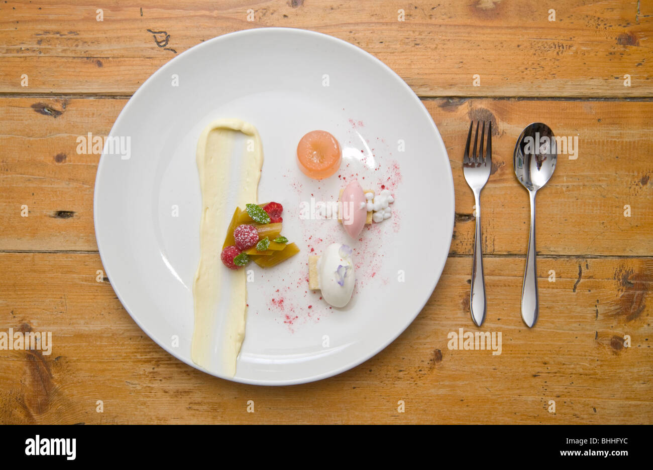 Rabarbaro Jelly, caviale di noce di cocco, rabarbaro e sorbetto al cocco al Felin Fach Griffin ristorante, vicino a Brecon, Powys, Wales, Regno Unito Foto Stock