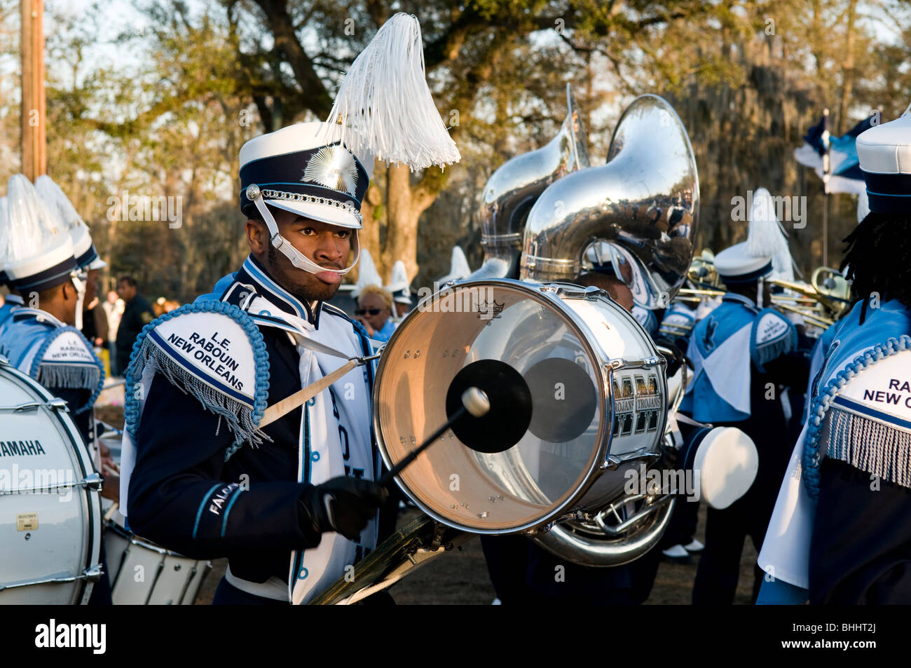 Area di staging di Endimione con marching band, Mardi Gras 2010, New Orleans, Louisiana Foto Stock