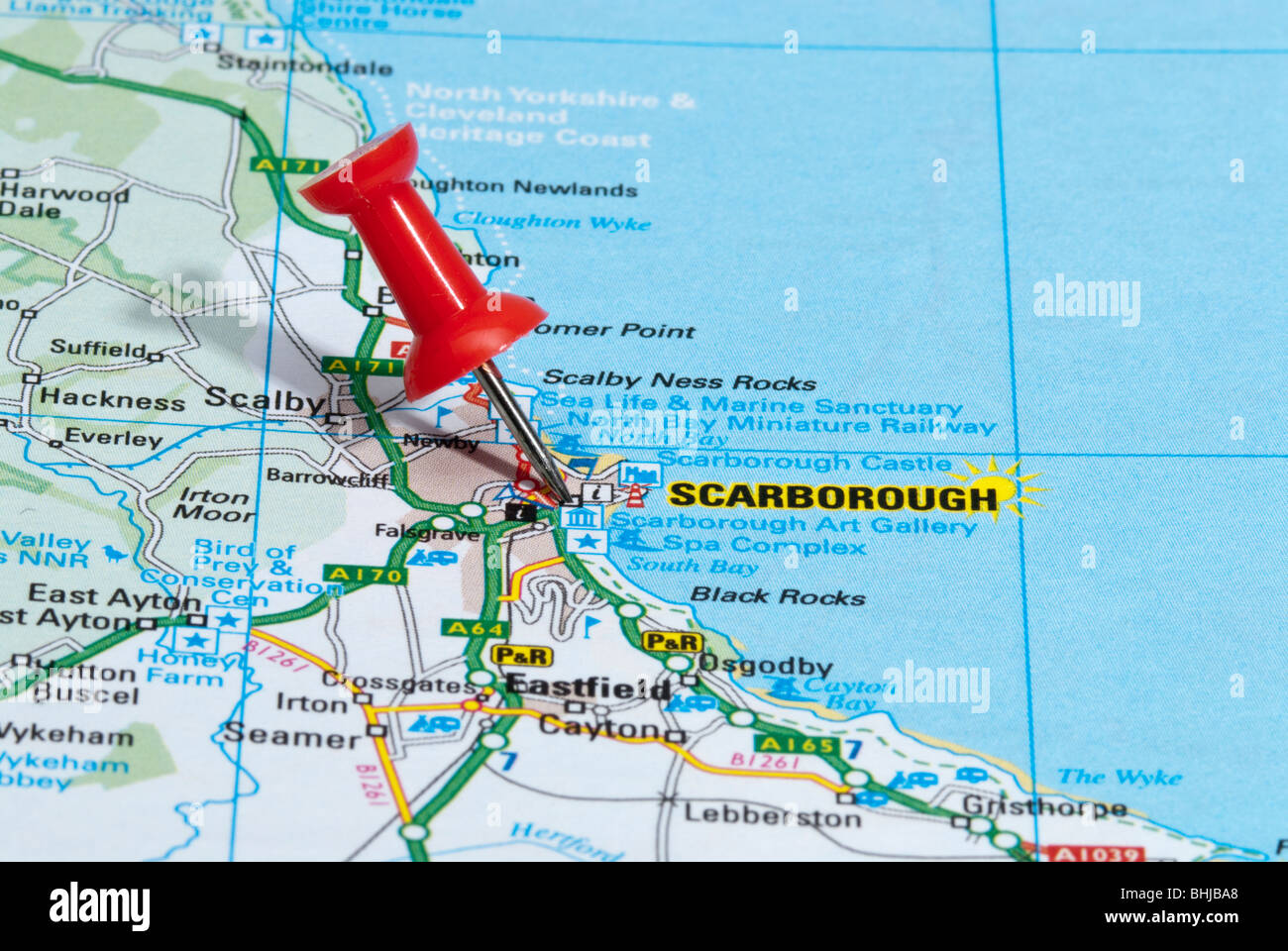 Rosso Spina mappa nella mappa stradale rivolta alla città di Scarborough Foto Stock
