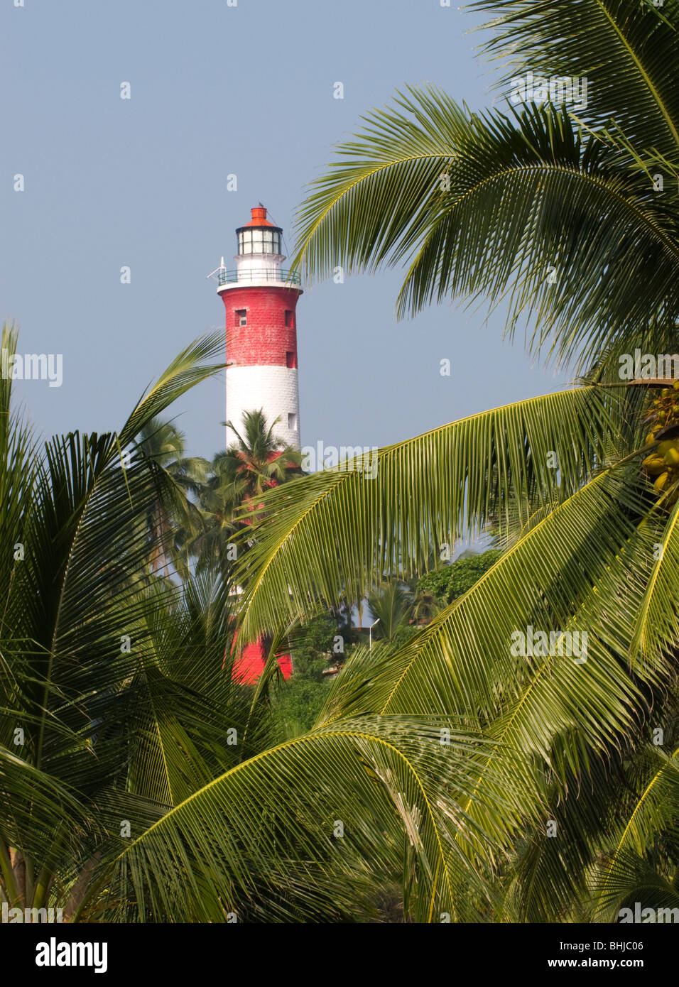 India Kerala, Kovalam, Vizhinjam faro attraverso palme di cocco Foto Stock