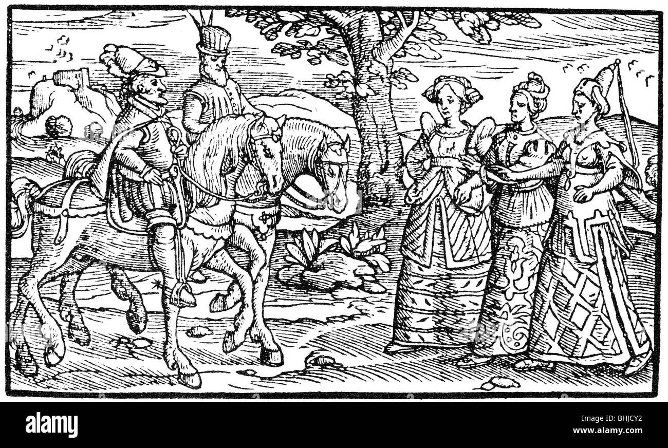 MACBETH e Banquo soddisfa le tre streghe nel primo (1577) edizione di Holinshed di Cronache Foto Stock
