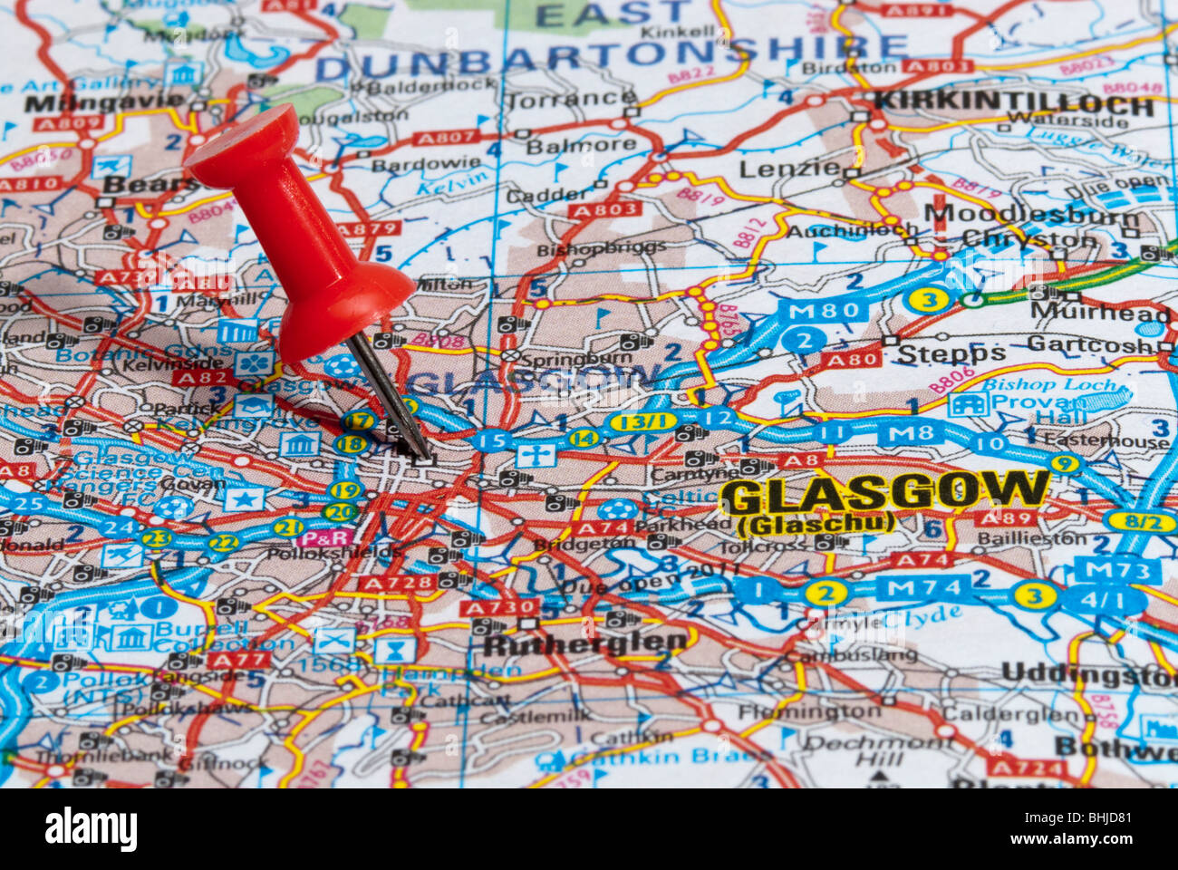 Rosso Spina mappa nella mappa stradale rivolta alla città di Glasgow Foto Stock