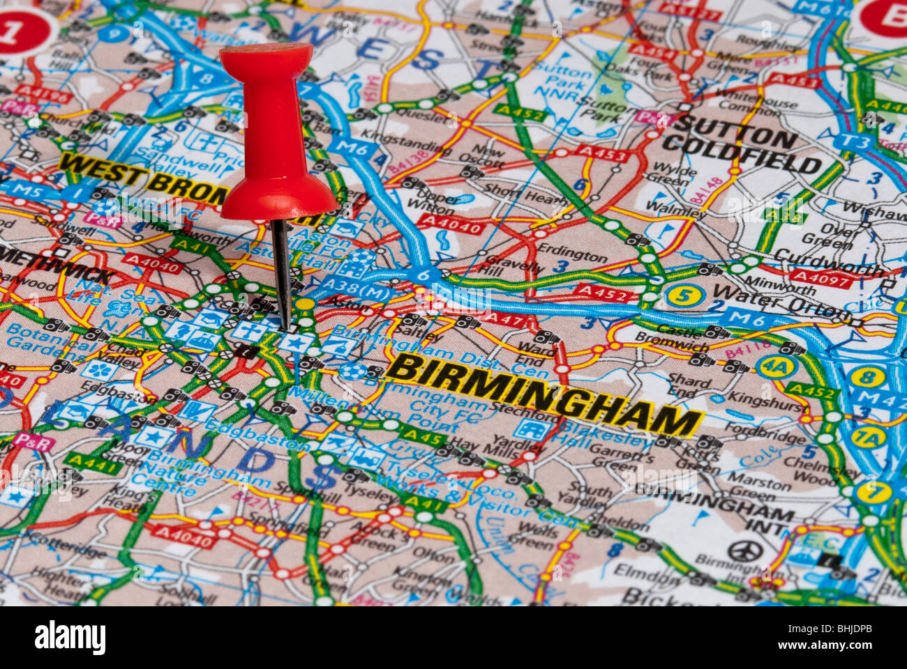 Rosso Spina mappa nella mappa stradale rivolta alla città di Birmingham Foto Stock