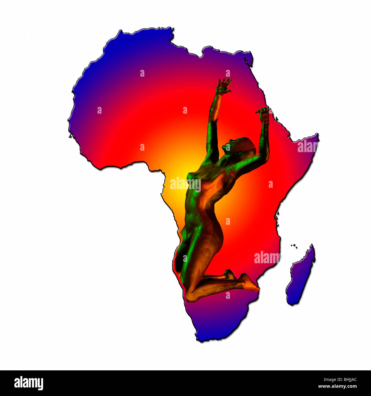Illustrazione di una donna di raggiungere nella disperazione su una mappa di Africa. Immagine concettuale della carestia, fame e disperazione in Africa Foto Stock
