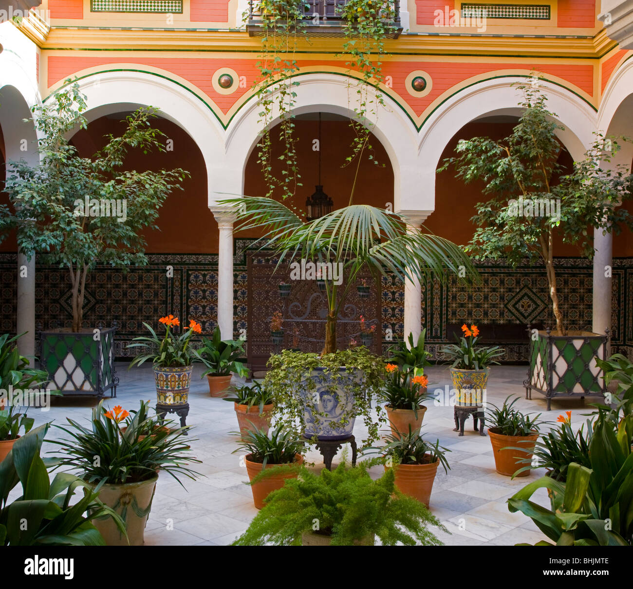 Cortile con piante tropicali, Siviglia, in Andalusia, Spagna Foto Stock