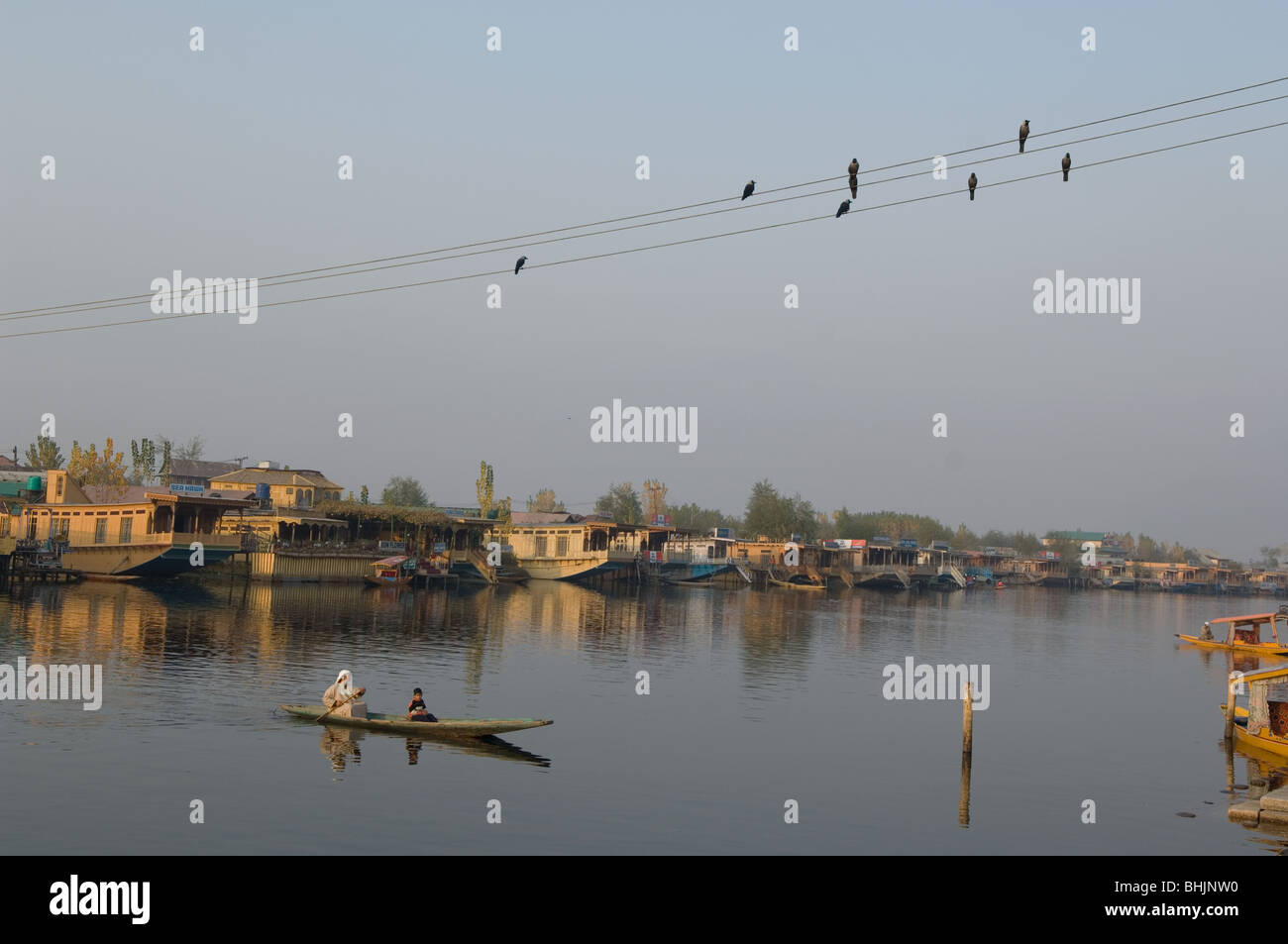 Case galleggianti su dal lago, Srinagar Kashmir, India Foto Stock