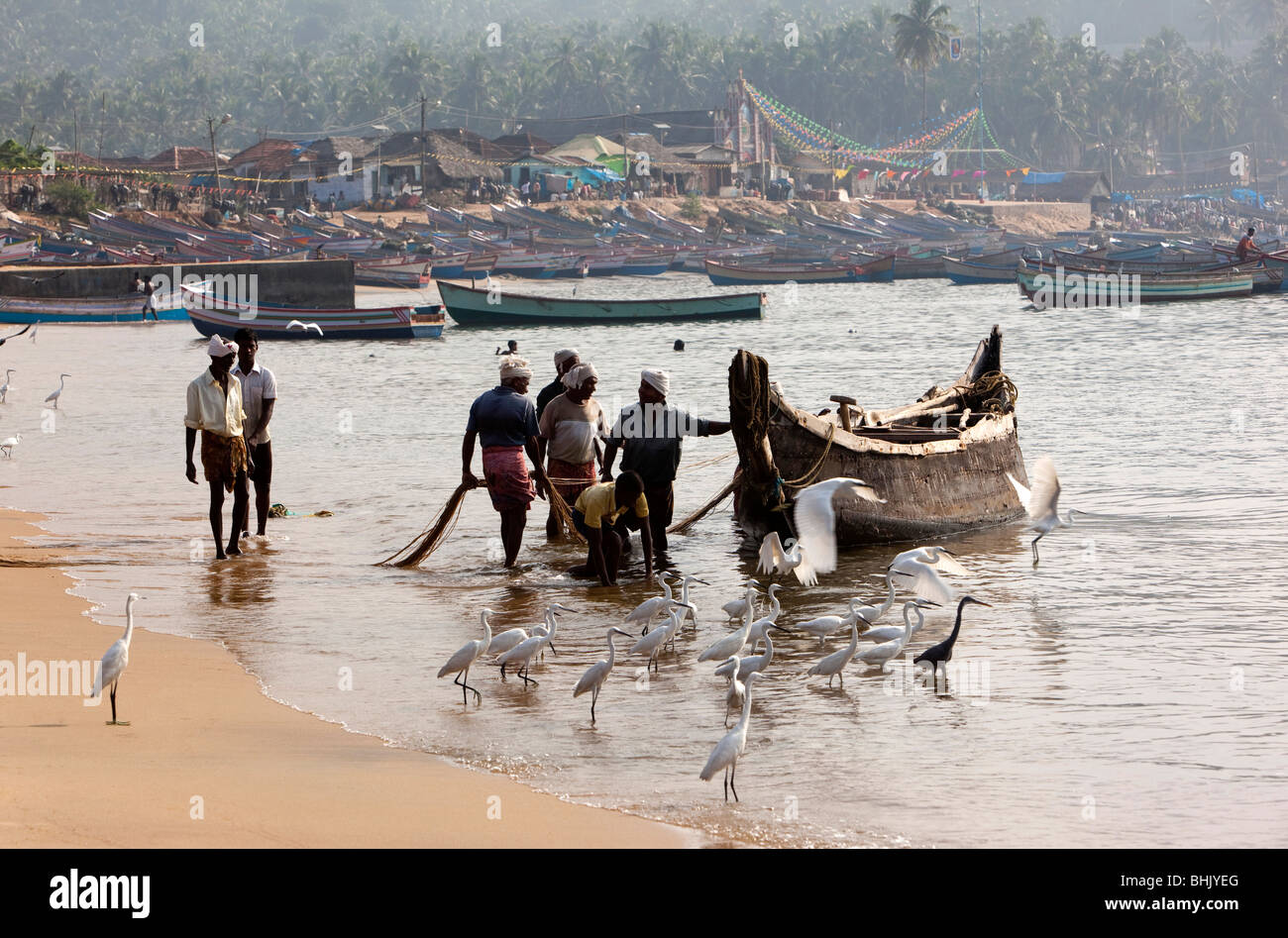 India Kerala, Kovalam, Vizhinjam villaggio pescatori lo scarico di barche di pescatori sulla spiaggia Foto Stock