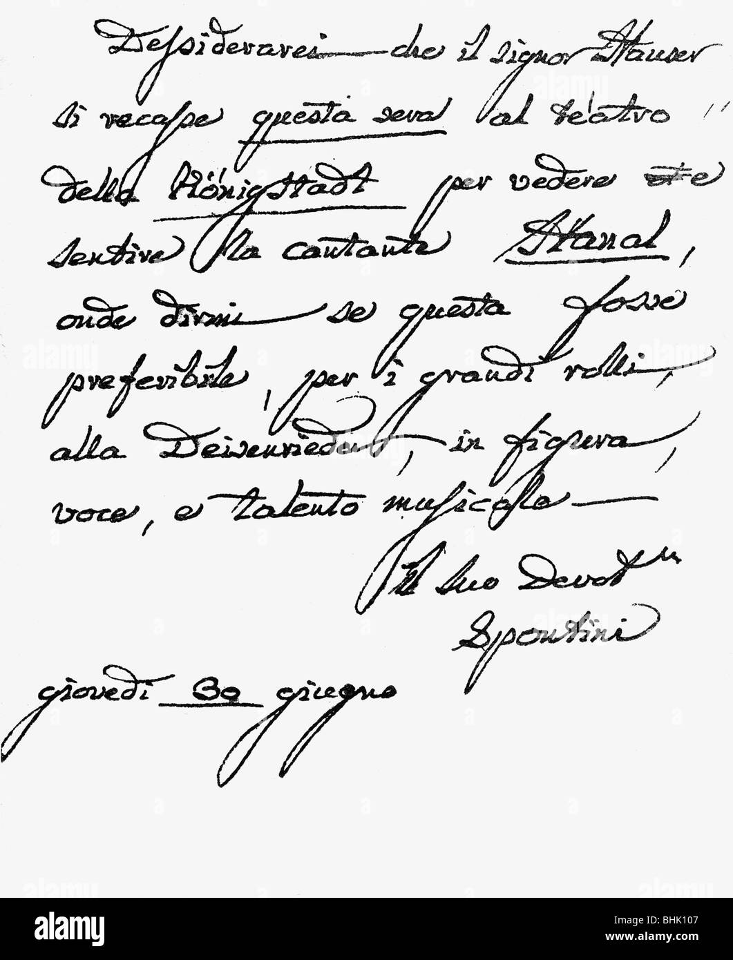 Spontini, Gaspare, 14.11.1778 - 24.1.1851, compositore italiano, calligrafia, lettera, , Foto Stock