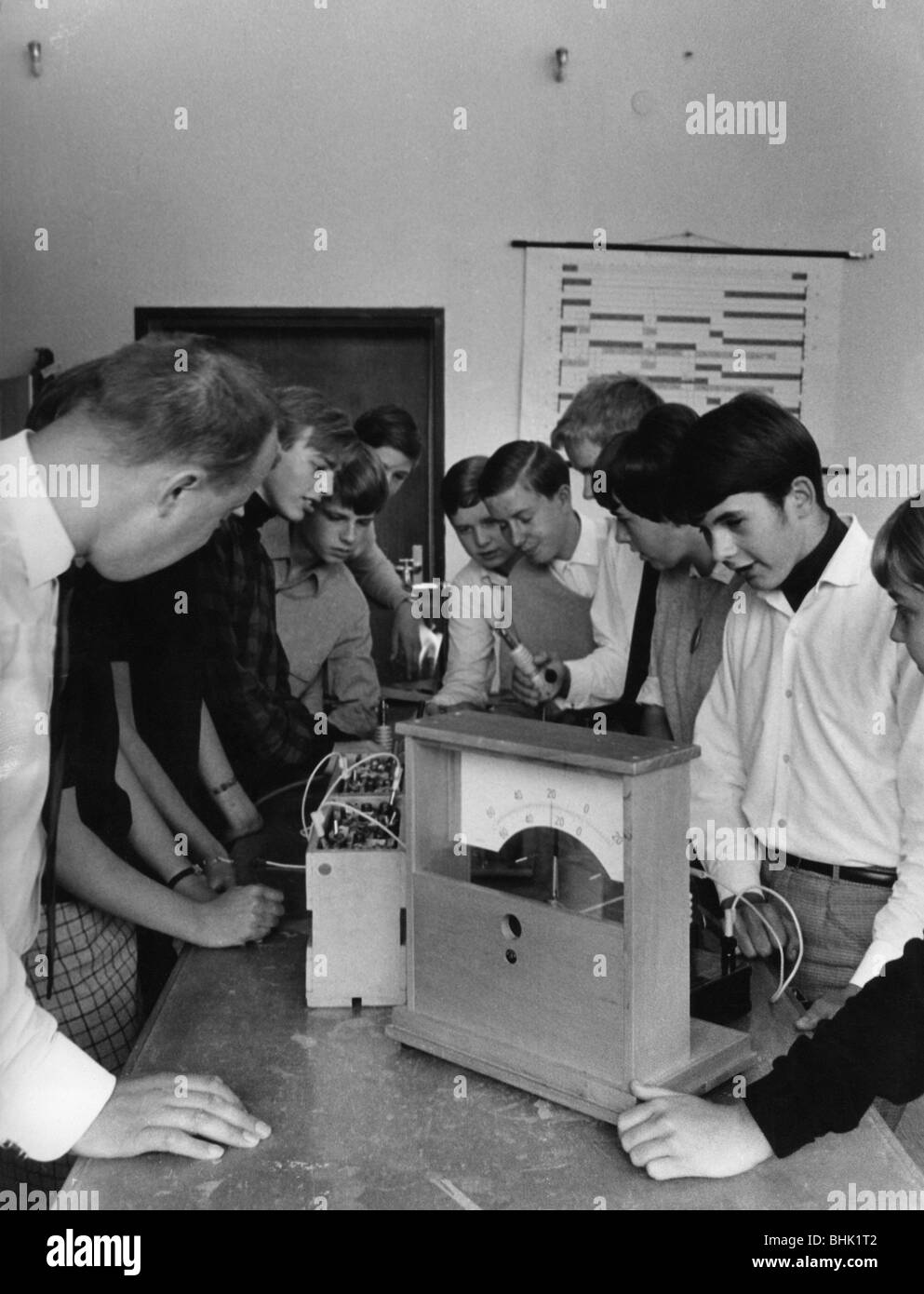 Istruzione, scuola, alunni della Scuola Erich Hoepner durante una lezione di fisica, Berlino, Germania, circa 1960s, Foto Stock